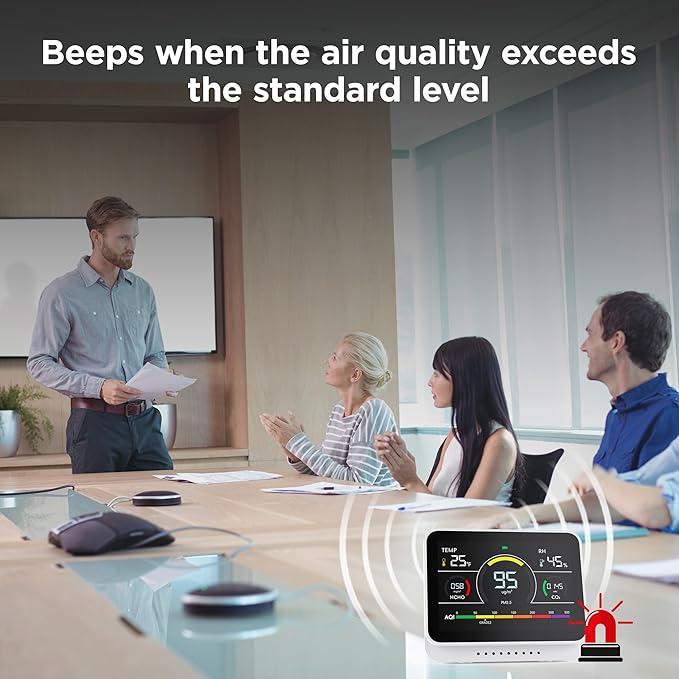Xoopon Air Quality Monitor Indoor with Beep Alarm Portable Formaldehyde/PM1/PM2.5/PM10/Co2 Detector for Travel Carbon Dioxide Detector Tester Hcho Sensor for Home (Silver White)
