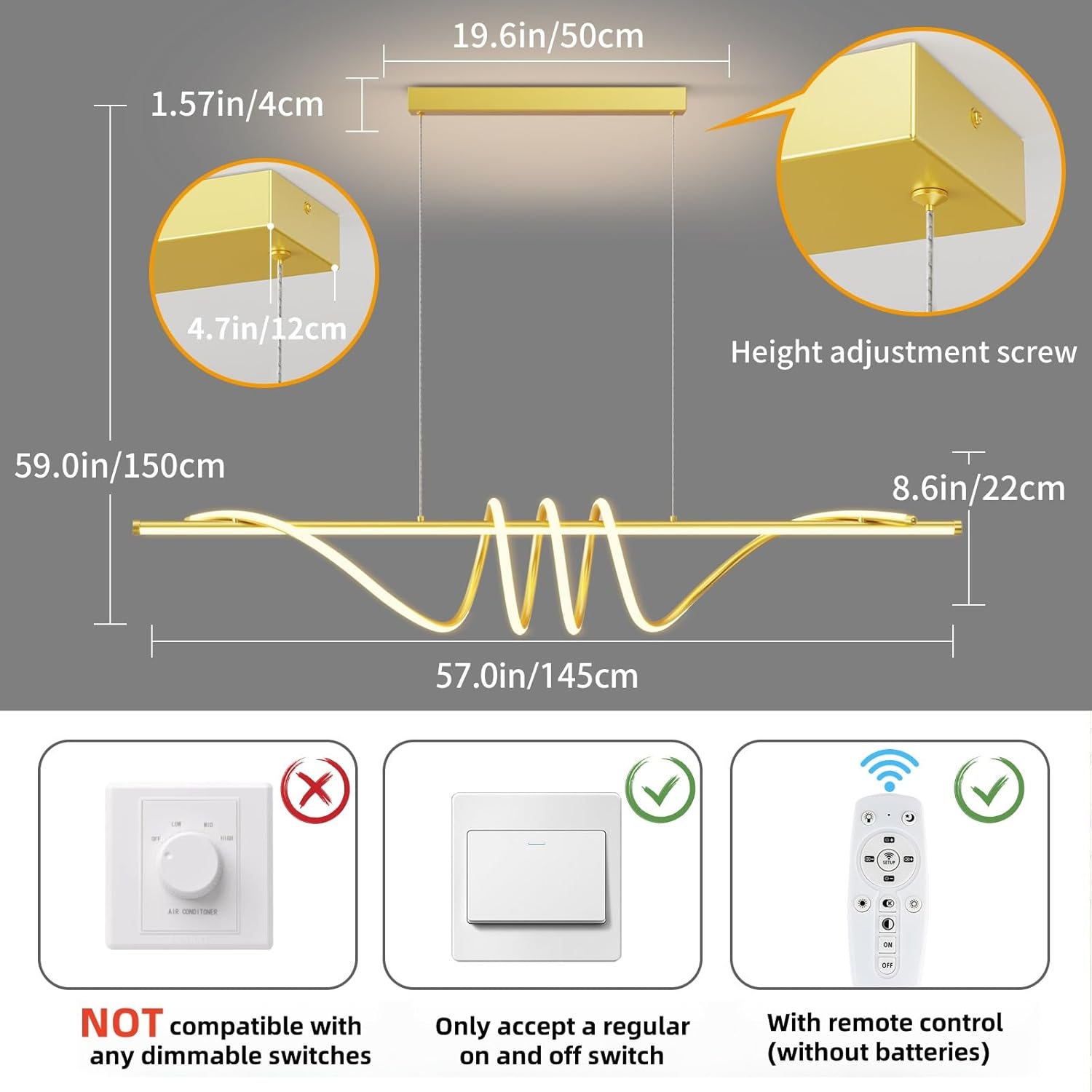 Modern LED Pendant Lights, Ceiling Chandelier Dimmable with Remote Control 3000k-6000K Adjustable Color Temperature, Aluminum Island Lighting Lamp Fixture for Kitchen, Dining Room(57in Gold)