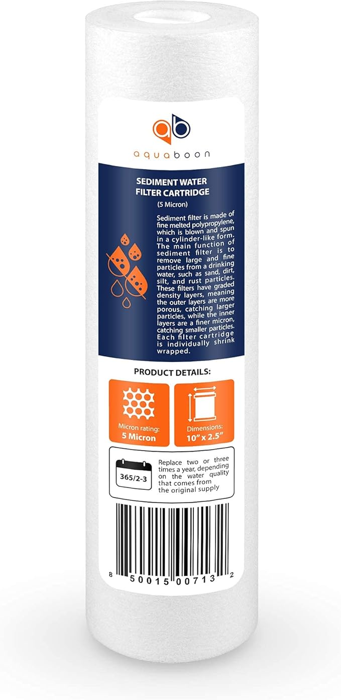 Aquaboon 5 Micron 10 x 2.5 Sediment Filter - Whole House Water Filter Replacement Compatible with Well Water Filters - P5, AP110, WHKF-GD05, 4 Pack