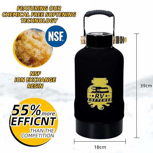RV Water Softener System with Heavy Metal Filter & Protective Cover | 16,000 Grain Capacity | Removes Odors, Extends Resin Life 15% | Universal Fit for Motorhome, Camper, Travel Trailer