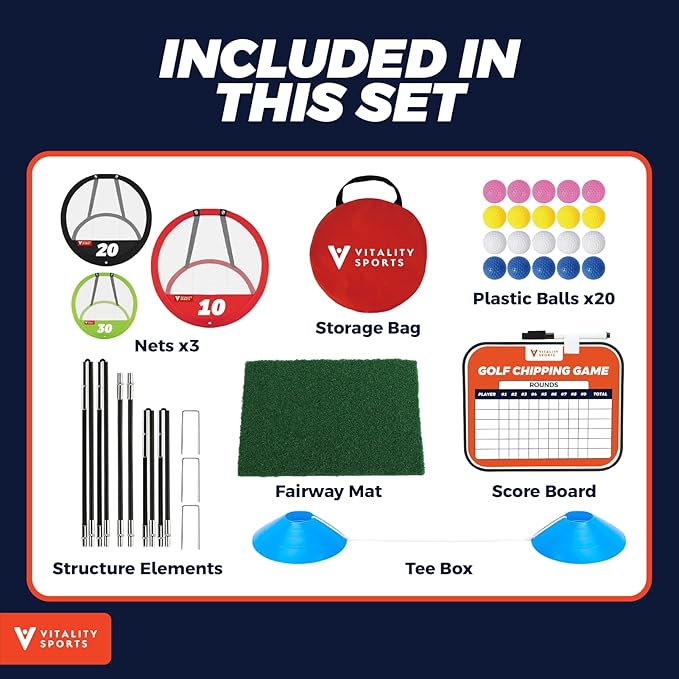 Vitality Sports Golf Chipping Net, 3PCS Pop-Up Golf Practice Net for Backyard, Indoor Outdoor Chipping Game with 3 Targets, 1 Hitting Mat, 20 Balls, Tee Box, Golf Gift for Men