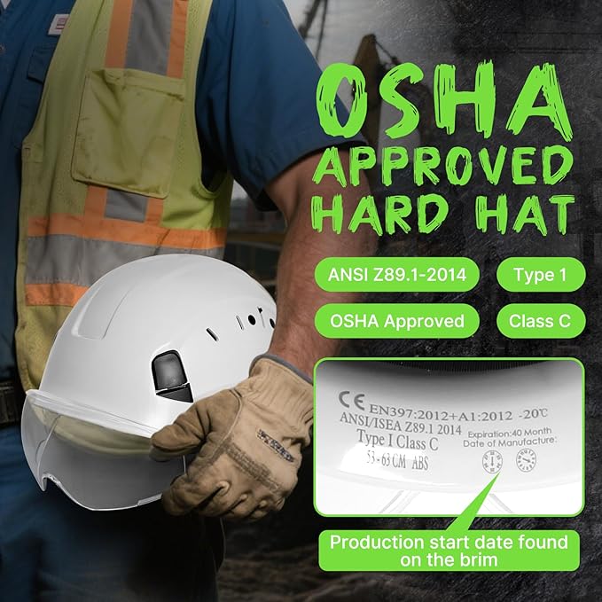 AOLAMEGS Construction Safety Hard Hat with Visor-ANSI Z89.1 OSHA Approved Construction Safety Helmet,Vented White Hard Hats with Chin Straps for Men Women Adults for Outdoor Indoor Industrial Workwear