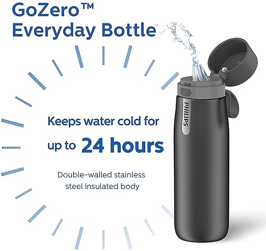 PHILIPS Water Bottle with Filter, Filter Water Bottle Stainless Steel with GoZero Everyday BPA-Free Tap Water Filter, Water Filter Bottle Keep Drink Cold 24 Hours, 1 Filter for 40 gal / 2 Months