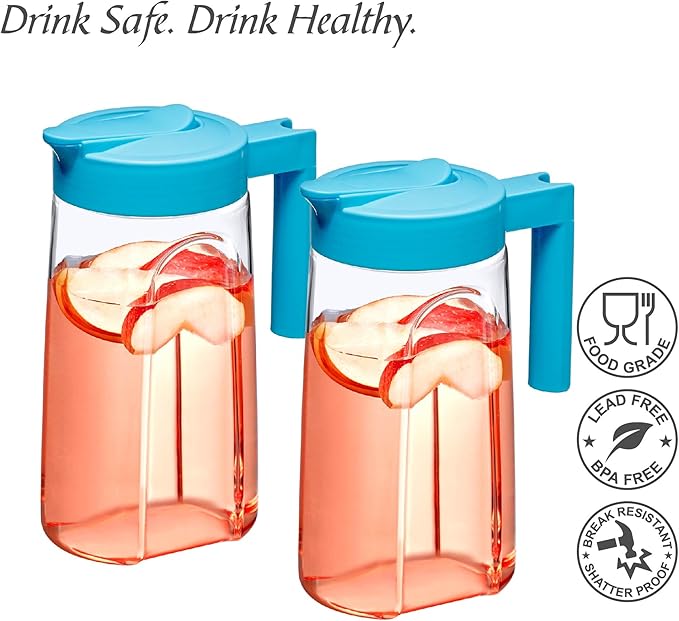 Amazing Abby - Slim Mini - 2-Pack Tritan Pitcher (48 oz), Unbreakable Plastic Water Pitcher with Lid, BPA-Free, Heat-Resistant, Dishwasher-Safe, Great for Both Iced and Hot Drinks, Blue