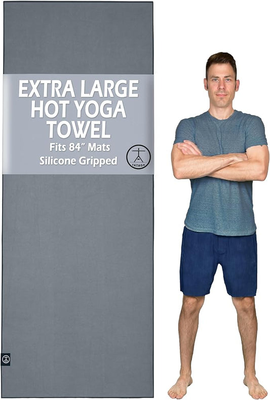 Tatago Hot Yoga Mat Towel Non Slip for Hot Yoga (72-84 inch Mats) Our Hot Yoga Towel Non Slip Silicone Dabs & Absorbent Microfiber Blend Gives You More Grip As You Drip! (Nube Gris, XL - 84")-FlexoryFit