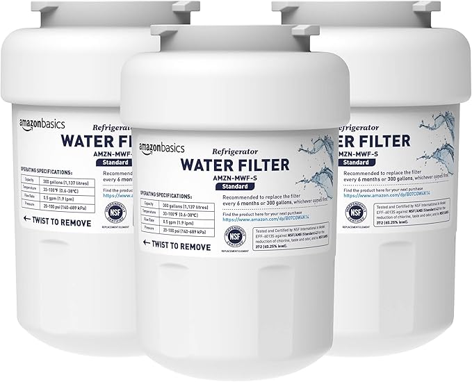 Amazon Basics Replacement Water Filter Cartridge Compatible with GE MWF Refrigerator, Pack of 3, Standard Filtration