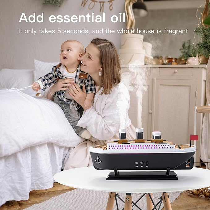 Titanic Humidifier 250ml, Essential Oil Diffuser Cool Mist Ultrasonic Aroma Aromatherapy Diffuser with Remote Control 7 Light 2 Mist Mode Auto Shut-Off for Bedroom Office Hotel(Black White)
