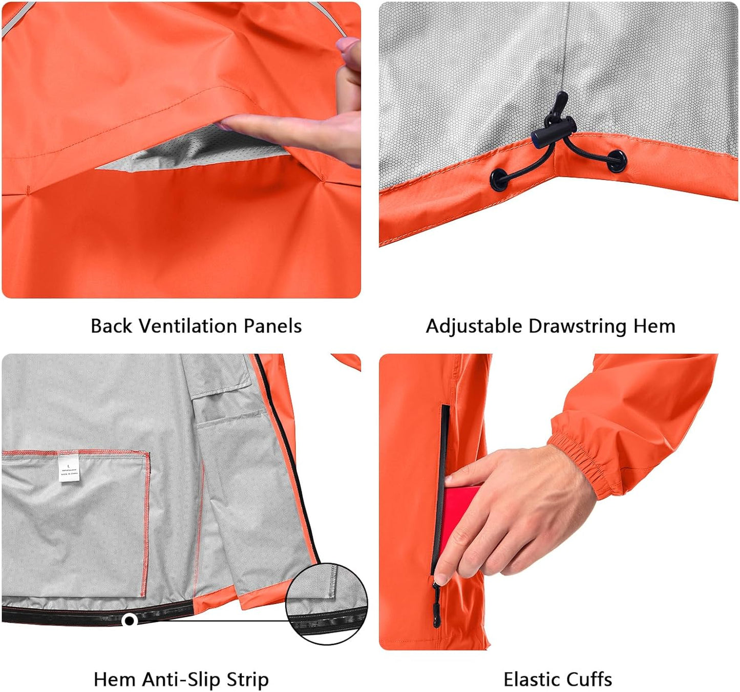 Men's Cycling Running Rain Jacket Lightweight Waterproof Biking Hiking Windbreaker Raincoat Reflective Packable