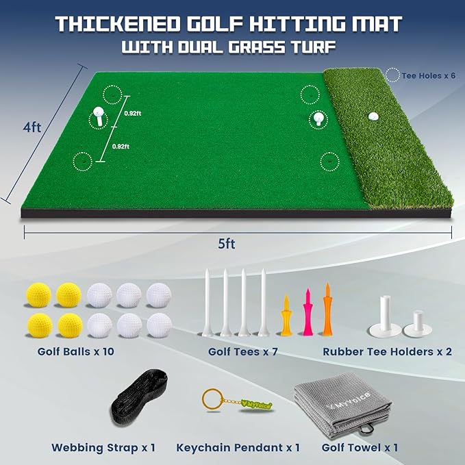 Upgrade Multi-Function Golf Hitting Mat – MyVoice 5x4ft Thickened Mat with Interchangeable Turf, Durable Non-Slip Base for Indoor & Outdoor Practice, Ideal for Golfers of All Levels