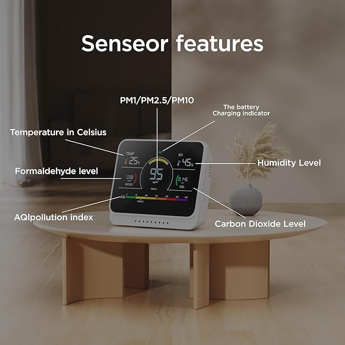 Xoopon Air Quality Monitor Indoor with Beep Alarm Portable Formaldehyde/PM1/PM2.5/PM10/Co2 Detector for Travel Carbon Dioxide Detector Tester Hcho Sensor for Home (Silver White)