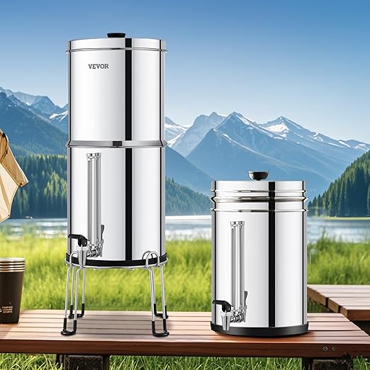 VEVOR Gravity-fed Water Filter System, 2.25G 304 Stainless-Steel Countertop Water Filtration System, Reduces Lead and up to 99% of Chlorine, with 2 Ceramic Carbon Filters, Water Level Spigot, Stand