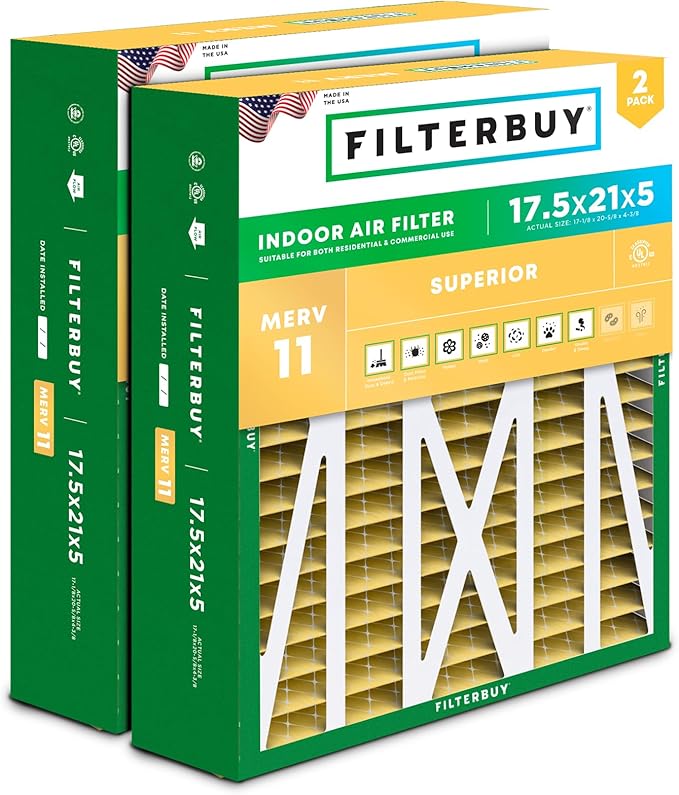 Filterbuy 17.5x21x5 Air Filter MERV 11 Allergen Defense (2-Pack), Pleated HVAC AC Furnace Air Filters Replacement for Rheem, Ruud, and Protech (Actual Size: 17.13 x 20.63 x 4.38 Inches)