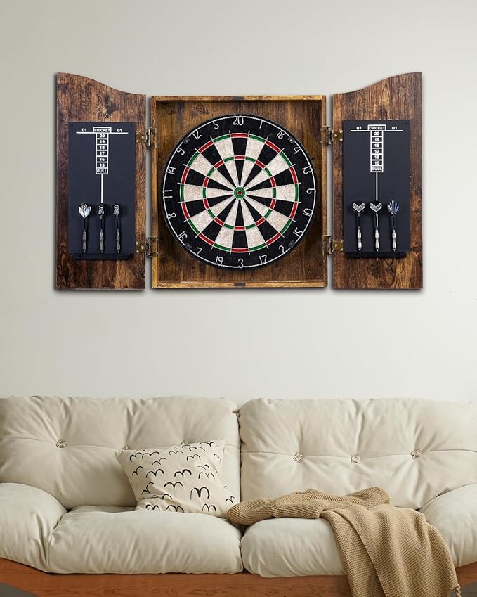 Sisal Dart Board Cabinet Sets, Decorative Dart Boards for Adults [6*Steel Darts] - Wooden Dartboard Cabinet with Integrated Scoreboard for Family Game Rooms