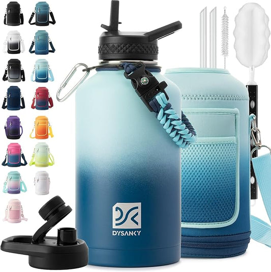 Insulated Water Bottle | Thickened Stainless Steel Vacuum Metal | Portable Sports Half Gallon Large Water Jug for Gym and Hiking with Straw, Carrier Bag, Handle Strap | BPA-Free 64 oz-FlexoryFit
