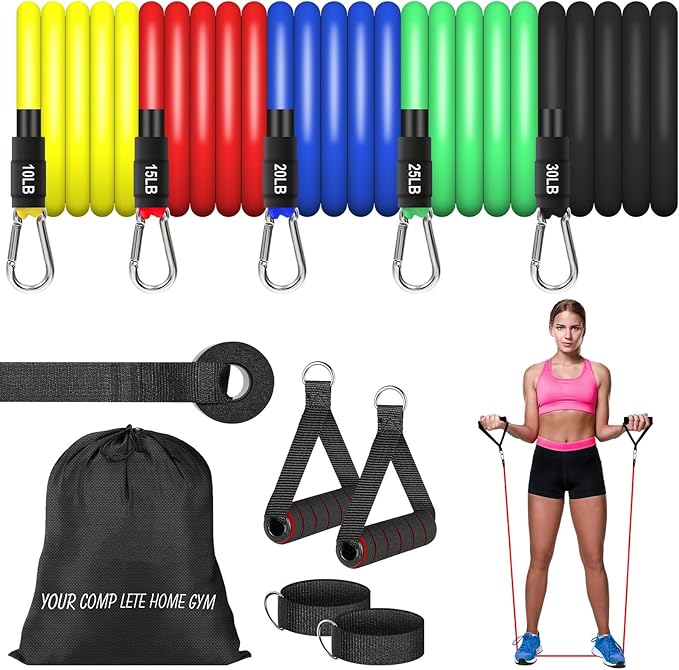 Resistance Bands Set, Workout Bands with Handles, Door Anchor, Ankle Straps and Carry Bag, Exercise Bands for Shape Body and Home Workouts-FlexoryFit
