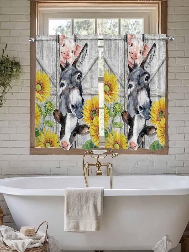 Farmhouse Tier Curtains 45 Inches Long, Watercolor Sunflowers Animals Printed - Image 7