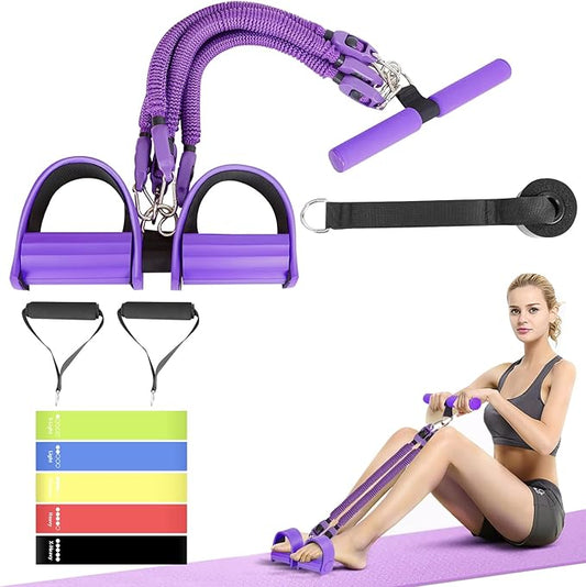 2025 Upgrade Pedal Resistance Band, 4-Tube Elastic Sit Up Pull Rope for Men and Women, Pedal Puller for Strength Training, Foot Resistance Rope for Physical Therapy, with 5Pcs Exercise Bands-FlexoryFit