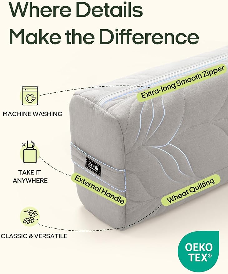 Zonli Yoga Bolster Pillow for Meditation & Restorative Yoga - Rectangular Support Cushion with Removable Cotton Cover & Carry Handle, 26"x11"x7"-FlexoryFit
