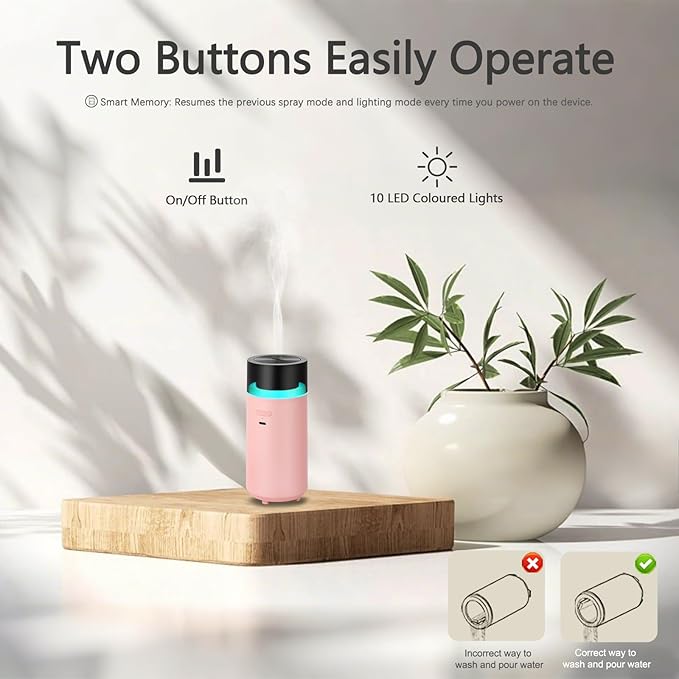 Portable Diffuser for Essential Oil,Cordless Cool Mist Aromatherapy Car Diffuser,Built-in 3000mAH Rechargeable Battery,4/8 Timer Modes, Auto On/Off with Car,for Home,Office,Travel(Pink)