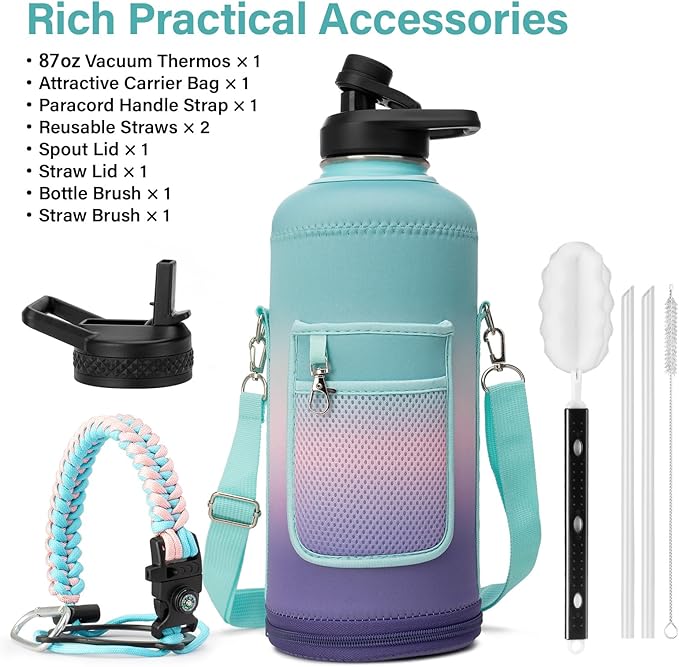 Insulated Water Bottle | Thickened Stainless Steel for Gym and Hiking with Straw, Carrier Bag, Handle Strap | BPA-Free 87 oz-FlexoryFit