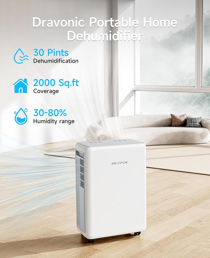 2000 Sq.Ft Dehumidifier for Basement, 30 Pints Dehumidifiers for Home with Drain Hose, 0.52 Gal Water Tank, Intelligent Humidity Control, Auto Shut Off, For Large Rooms and Home