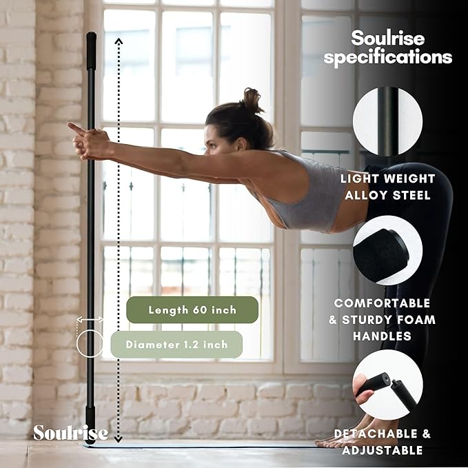 Yoga Stick for Mobility Exercise, Stretching, Pilates, Physical therapy, Fitness and other Workout - Adjustable 5 ft Pole will fix Posture, Stretch, Balance and Flexibility Training - Incl free E-book-FlexoryFit