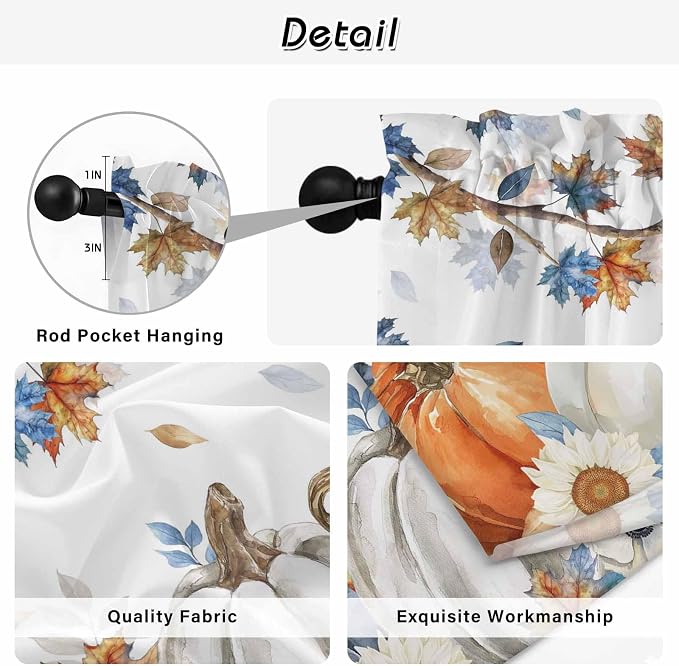 Navy Blue Pumpkin Fall Kitchen Curtains 54 Inch Long 2 Panel Set, Rod Pocket - Image 9