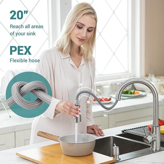 APPASO Kitchen Faucet with Soap Dispenser, Pull Down Sprayer 3 Modes, Brushed Nickel High Arc Single Handle Gooseneck Stainless Steel Sink Faucets for Kitchen Farmhouse RV Laundry Camper