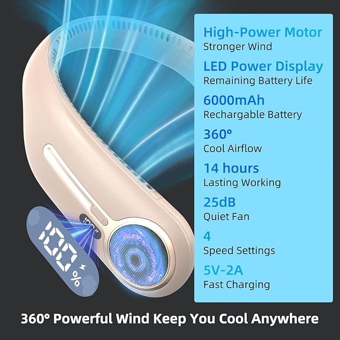Portable Neck Fan,Hands Free Personal Wearable Bladeless Fan,6000mAh USB Rechargeable,360° Cooling,LED Display,4-Speeds,Birthday Gifts for Men Women Dad Mom,Outdoor Indoor Travel Camping (Brown)