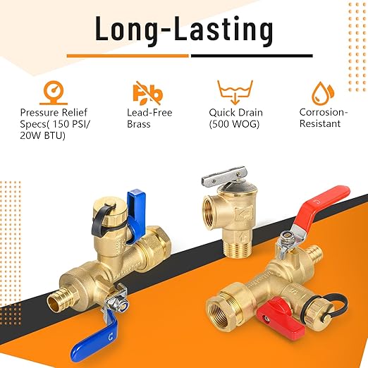 (Set of 1 Kit) HeSun 3/4" FIP X 3/4" PEX-B Crimp IPS Isolator Tankless Water Heater Service Valve Kit, with Pressure Relief Valve