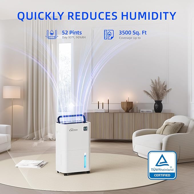 Britsou 50 Pints Dehumidifier for Basement with Drain Hose - Quiet Smart Operation with 3 Modes, 24HR Timer - Ideal for Home Bedroom, Bathroom, Small to Large Rooms
