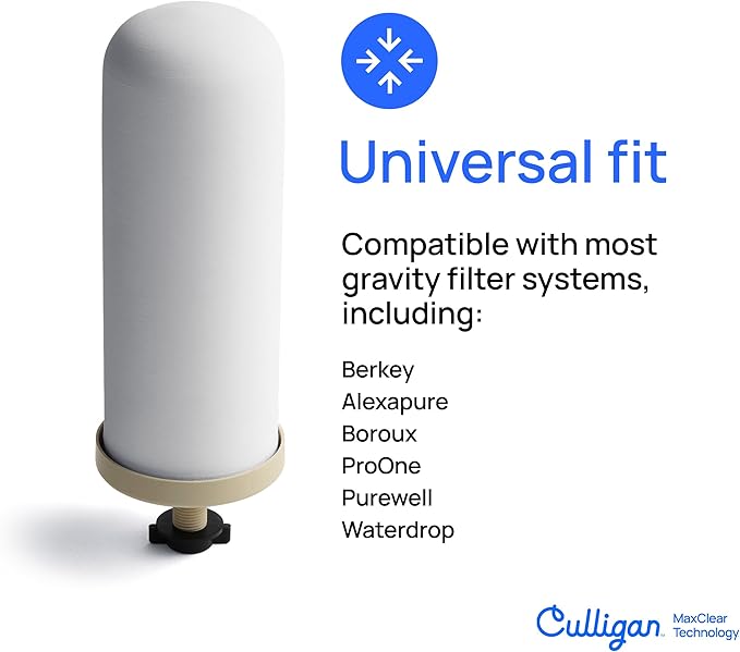 Culligan MaxClear 7” Gravity Water Filter Replacement Compatible with Berkey Water Filter Systems, Ceramic & Carbon Gravity Filter NSF/ANSI Certified, Reduce Total PFAS, Microplastics & Lead, 6-Pack