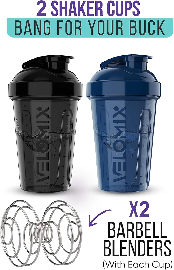 '-2 Pack- 20 oz Protein Shaker Bottles for Protein Mixes - 2x Wire Whisk, Leak Proof Shaker Cups for Protein Shakes and Pre Workout, Protein Shaker Bottle Pack, Protein Mixer Cup (Blue&Black)-FlexoryFit