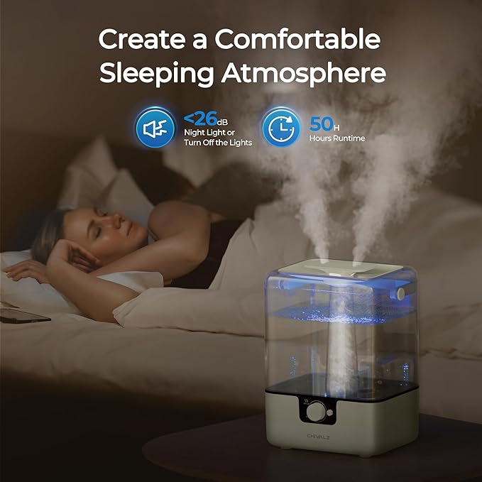 CHIVALZ Humidifiers for Bedroom, 6L Cool Mist Humidifiers for Baby Nursery, 26dB Quiet, 50H Runtime, Top Fill Humidifier for Large Room, Home, Plants, Nightlight, Oil Diffuser 1 Pack