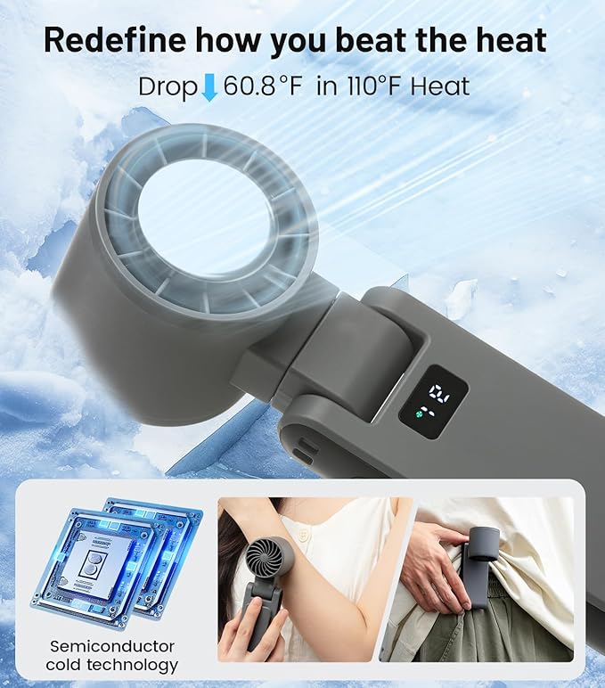 PEAKFLOW Handheld Fan with Ice Cooler,Foldable,Mini Pocket Size, Digital Display, 4000mAh Rechargeable Battery,4-Speed,4-IN-1 Portable Fan for Travel and Outdoor