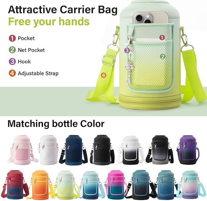 Insulated Water Bottle | Thickened Stainless Steel Vacuum Metal | Portable Sports Half Gallon Large Water Jug for Gym and Hiking with Straw, Carrier Bag, Handle Strap | BPA-Free 64 oz-FlexoryFit