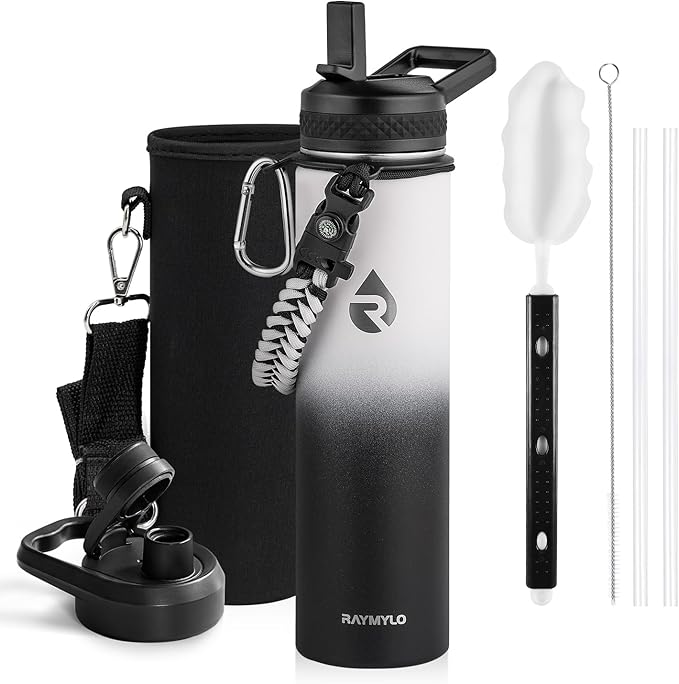 Insulated Water Bottle 24oz, Triple Wall Vacuum Stainless Steel (Cold for 48 Hrs, Hot for 24Hrs), Leak Proof & Non-BPA, 24oz Hydro Water Flask with Paracord Handle & Straw Spout Lids-FlexoryFit