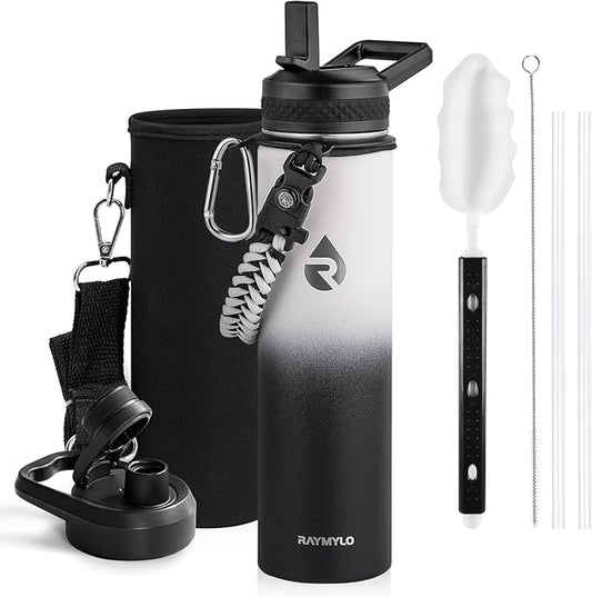 Insulated Water Bottle 24oz, Triple Wall Vacuum Stainless Steel (Cold for 48 Hrs, Hot for 24Hrs), Leak Proof & Non-BPA, 24oz Hydro Water Flask with Paracord Handle & Straw Spout Lids-FlexoryFit