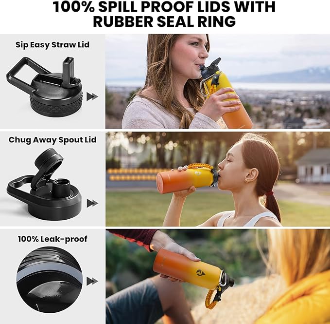 Insulated Water Bottle 40 oz, Triple Wall Vacuum Stainless Steel (Cold for 48 Hrs), Leak Proof & Non-BPA, Modern Water Flask Jug with Paracord Handle & Straw Spout Lids, Ombre Orange-FlexoryFit