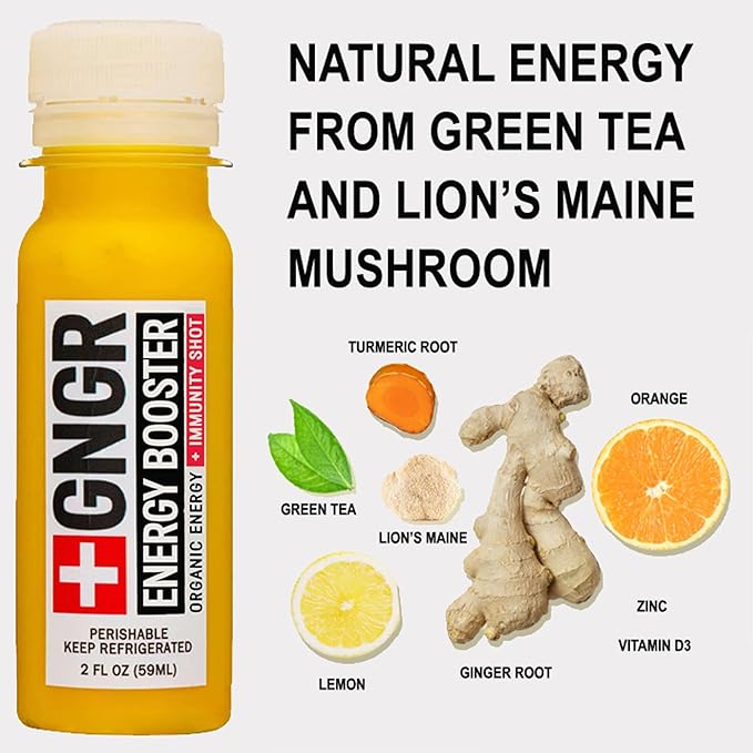 '+GNGR Energy Booster & Immunity Shot, Cold-Pressed Ginger Shots with Lions Mane, 75mg of Natural Caffeine Green Tea, Turmeric Root, Vitamin D & Zinc for All Natural Immune Support (2 Oz, Pack of 12)-FlexoryFit