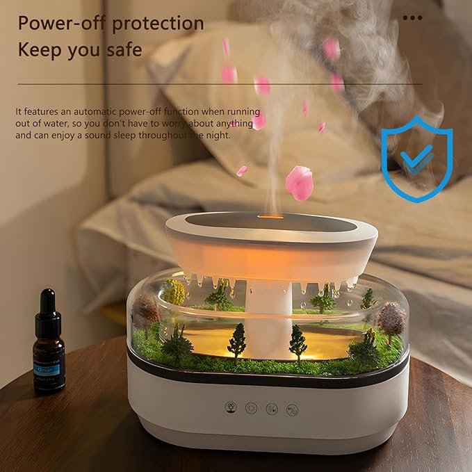 Essential Oil Flame Diffuser 250ml Cloud Rain Humidifier Water Drip Aromatherapy Diffuser Air Humidifier with 7 Colors Light, Micro Landscape, White Noise, Auto-Off for Home Office (White)