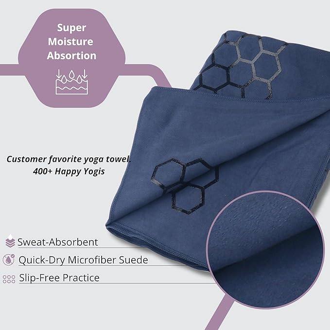 Clever Yoga Non-Slip Hot Yoga Towel – Non-Slip Grip for Hot Yoga, Sweat Absorbent, Honeycomb Silicone Grip, Stays Flat – Ideal for Pilates, Travel, Washable & Lightweight - Dark Blue-FlexoryFit