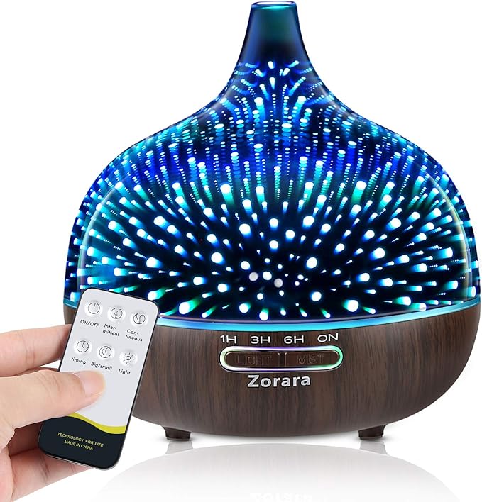 Essential Oil Diffuser 550ml Cool Mist Humidifier 3D Glass Ultrasonic Aromatherapy Humidifier with 7 Color Changing Led Lights, Waterless Auto Shut-Off, Adjustable Timer for Home Bedroom Office