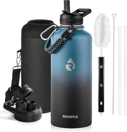 Insulated Water Bottle 87 oz, Triple Wall Vacuum Stainless Steel (Cold for 48 Hrs), Leak Proof & Non-BPA, Modern Water Flask Jug with Paracord Handle & Straw Spout Lids, Indigo/Black-FlexoryFit
