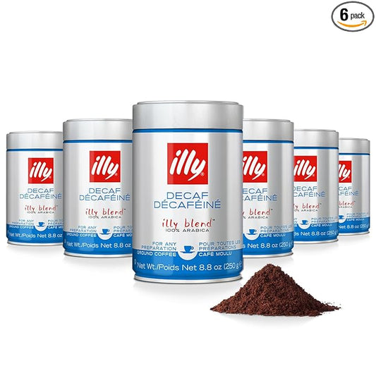 Illy Ground Espresso Coffee, Decaffeinated - Medium Roast - Mild & Balanced - 100% Arabica - Pressurized Packaging Sealed for Freshness - 8.8oz (Pack of 6)-FlexoryFit