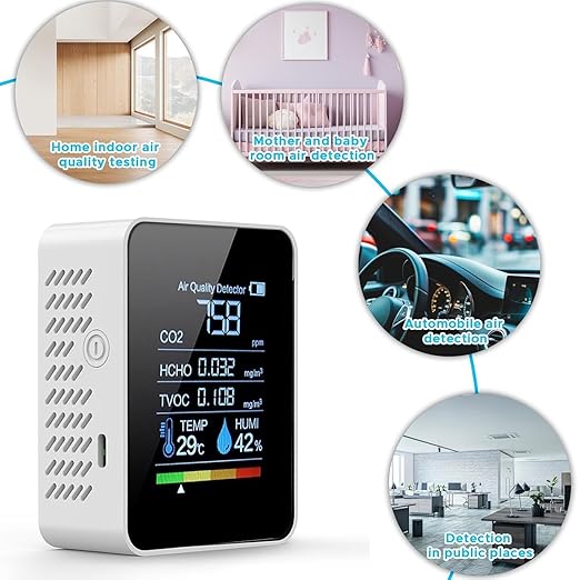 Prefessionall Indoor Air Quality Monitor, 5 in 1 Portable Smartair Quality Tester for CO2 | TVOC | HCHO | Temp | Hum for Home Cars Plants and Pets So On（White）