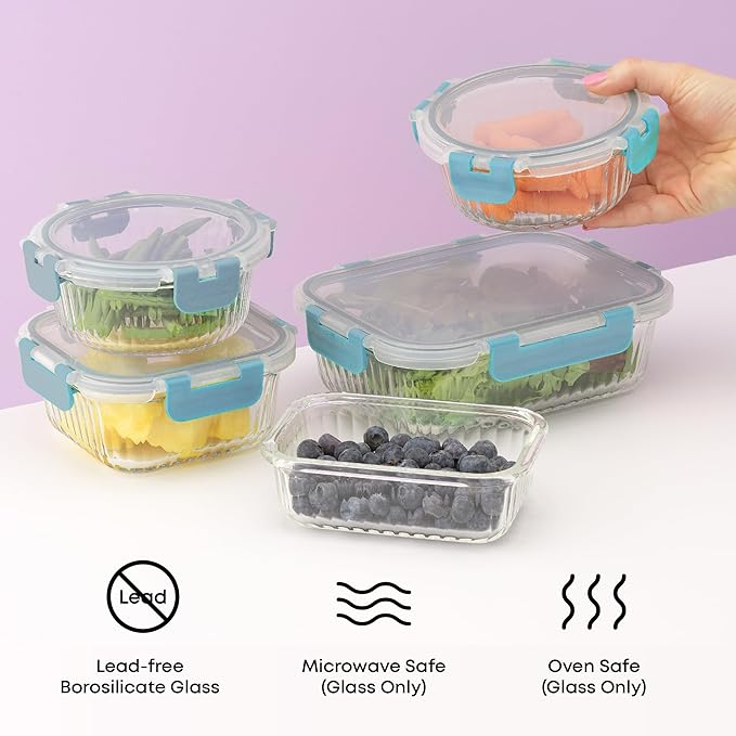 JoyJolt 24pc Borosilicate Glass Storage Containers with Lids | 12 Airtight/Freezer Safe Food Storage Containers for Pantry and Kitchen | Meal Prep Container for Lunch | Glass Tupperware Set-FlexoryFit