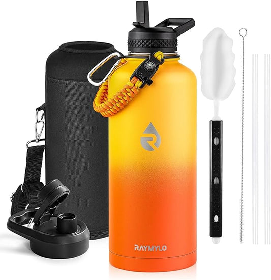Insulated Water Bottle 87 oz, Triple Wall Vacuum Stainless Steel (Cold for 48 Hrs), Leak Proof & Non-BPA, Modern Water Flask Jug with Paracord Handle & Straw Spout Lids, Ombre Orange-FlexoryFit