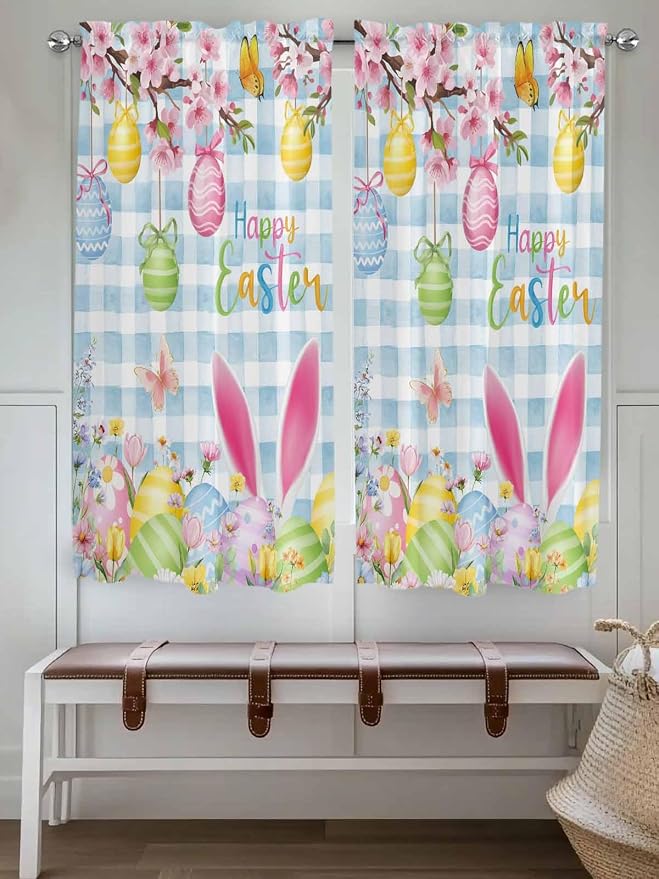 Happy Easter Bedroom Curtains 63 Inches length, Spring Watercolor Bunny Eggs - Image 4
