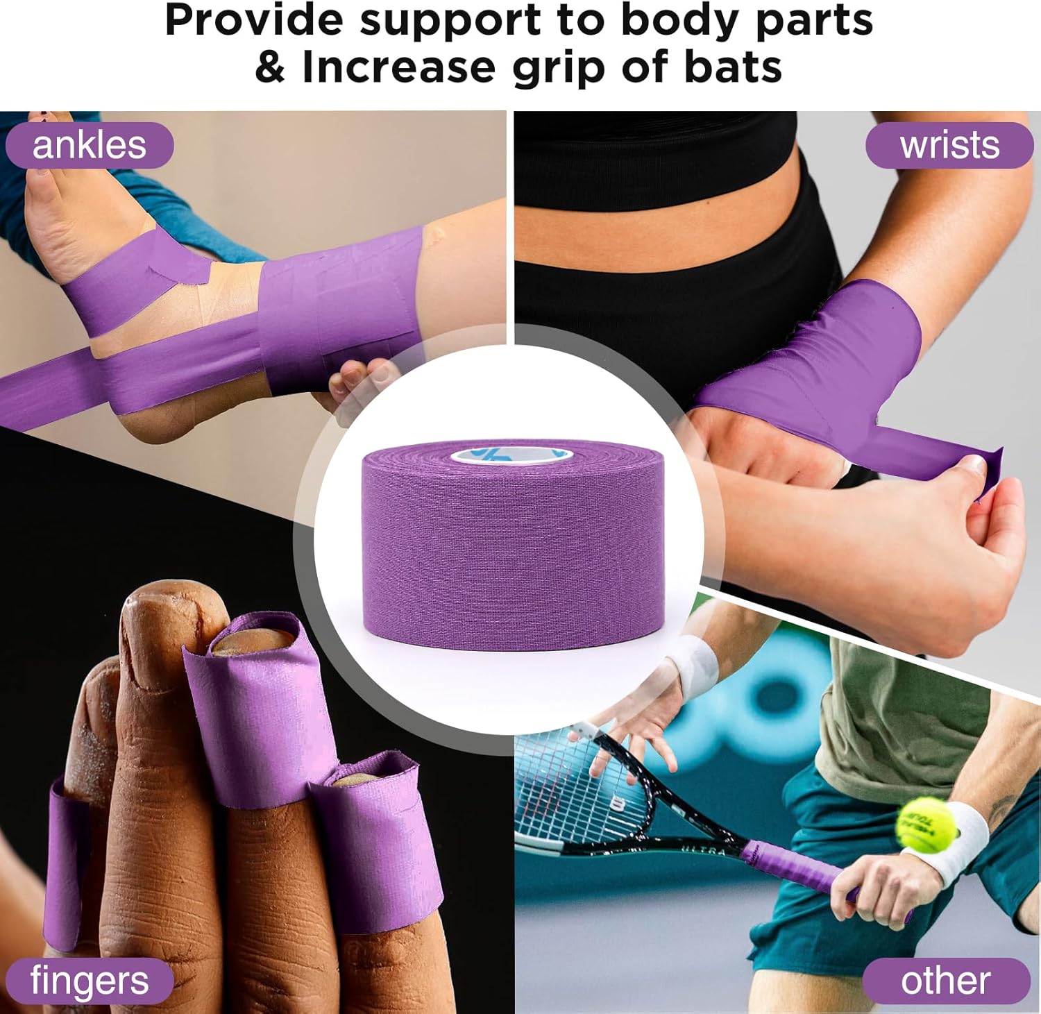 OK TAPE 4 Rolls Athletic Tape, Sports Tape for Injuries, Rigid, Easy Tear Medical Tape, Wrist Tape, No Sticky Residue | Secure Ankle, Finger, Knee- 1.5inch x 15yards (Purple)
